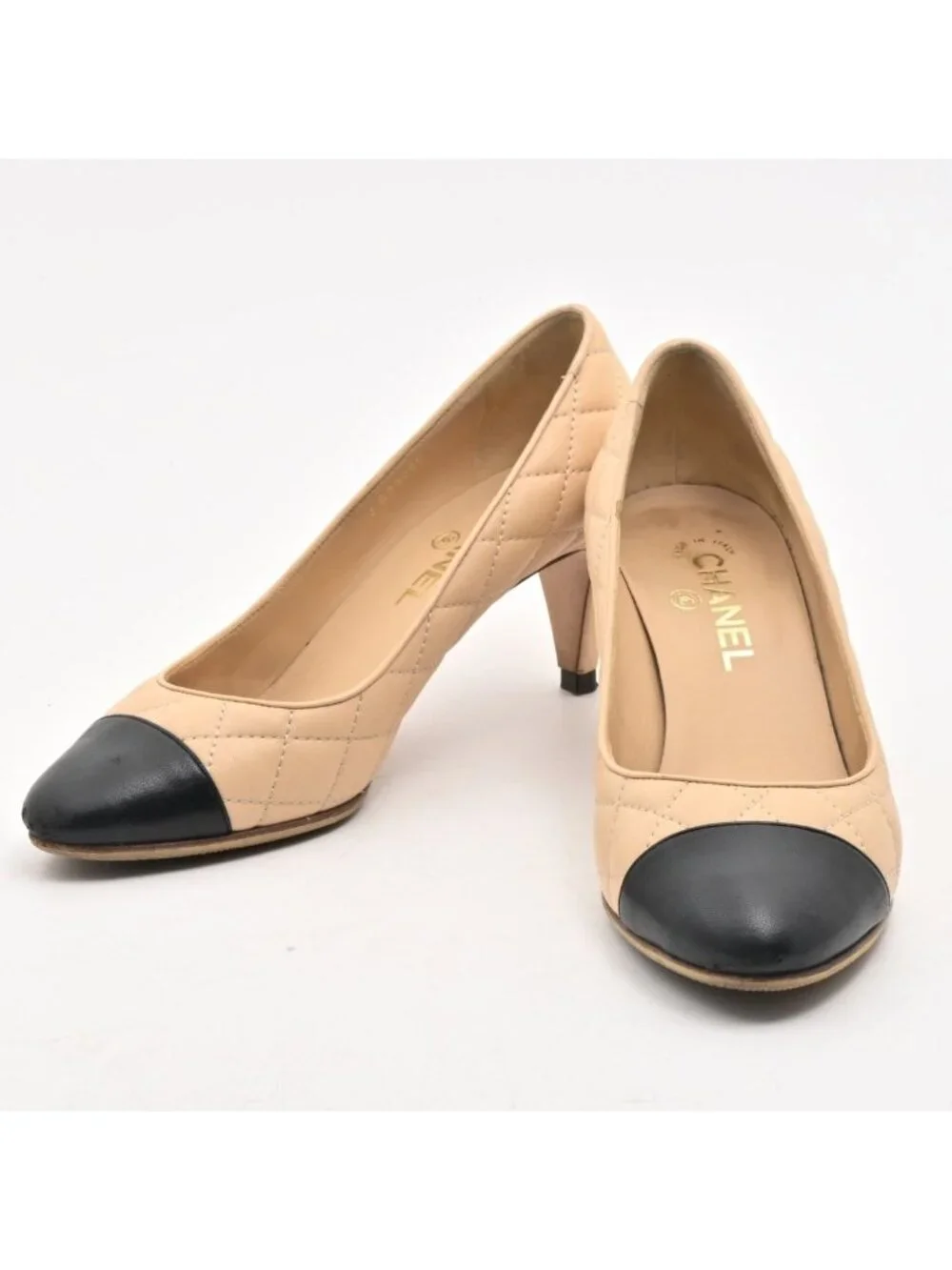 Chanel Pumps C Beige Black Lambskin Heel